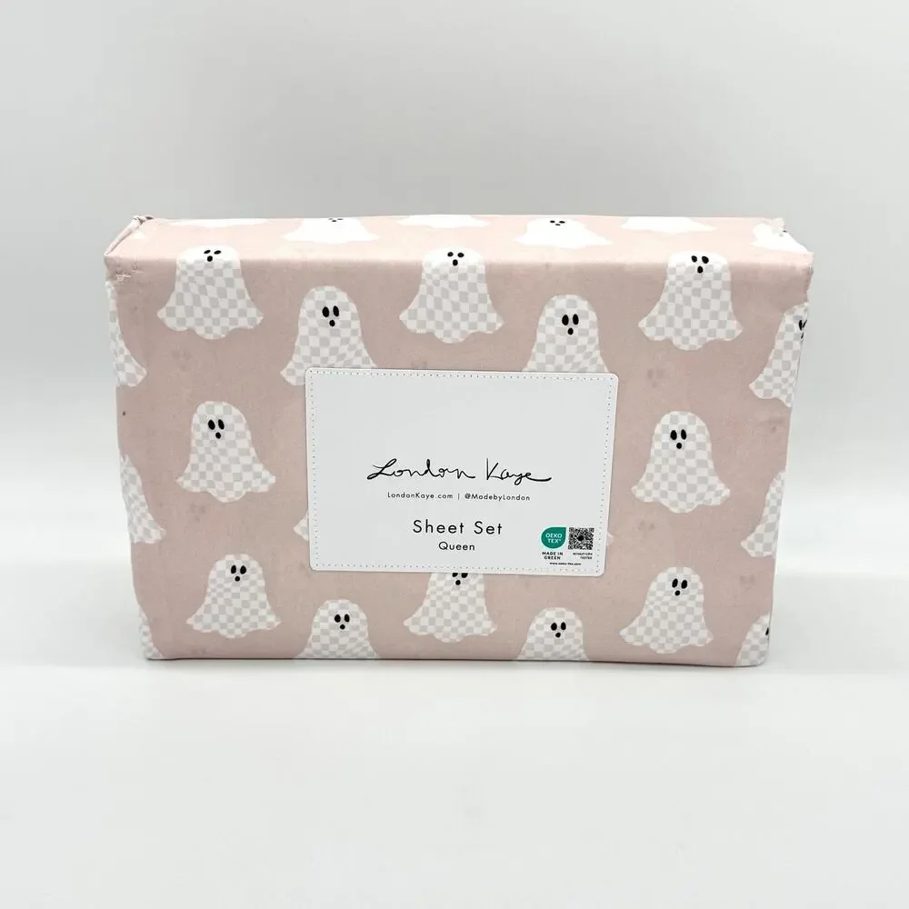 London Kaye Pink & White Checkered Ghost QUEEN Size Halloween Sheet Set New